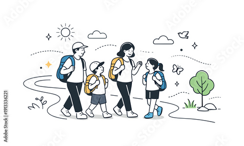 Family hiking adventure. Parents and kids walk along a nature trail with backpacks, enjoying exploration and conversation. Calm discovery,