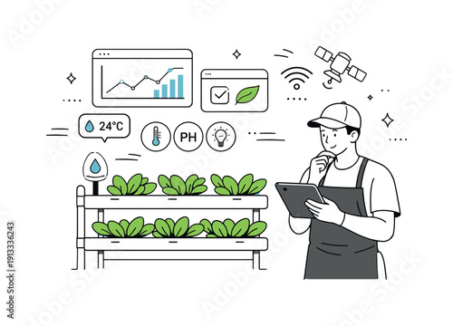 Monitoring hydroponic crops. A farmer or technician calmly observing sensors, charts, and tablets while standing near hydroponic plants. The