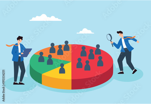 Flat illustration of business people analyzing demographic data on pie chart for customer segmentation market targeting and advertising strategy
