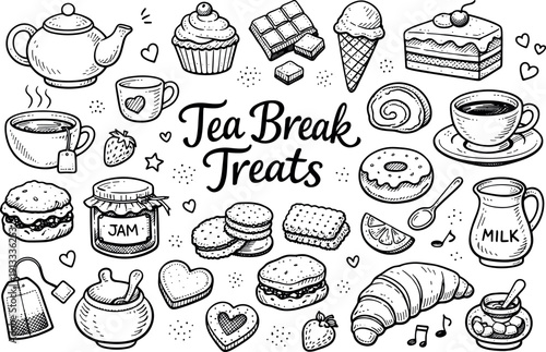 Wallpaper Mural Classic tea break treats, hand drawn doodle elements set, center hand-lettered title, black & white vector line art, bold clean Torontodigital.ca
