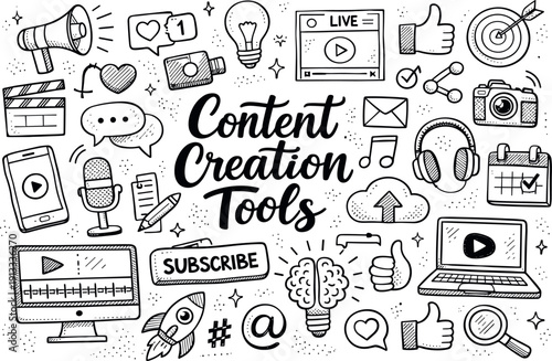 Content creation social media tools, hand drawn doodle elements set, center hand-lettered title, black & white vector line art,