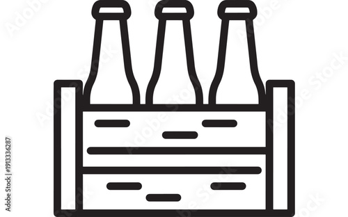 Beer bottles in wooden crate line icon, simple black outline illustration for brewery, beverage packaging, alcohol delivery, bar menu signage, and app UI design