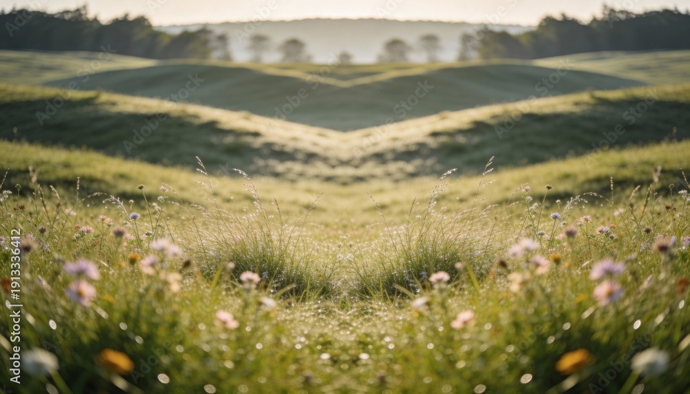 Obraz premium Serene Meadow Landscape Under Soft Morning Light with Flowers