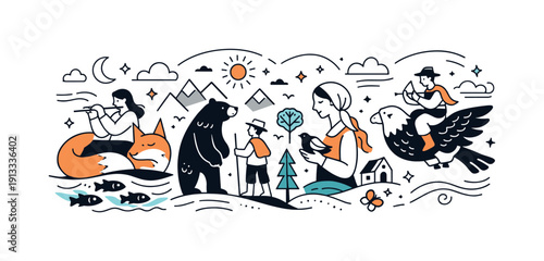 Visual folklore interpretation. Abstract scenes inspired by folk stories, blending human figures with symbolic animals and nature elements.