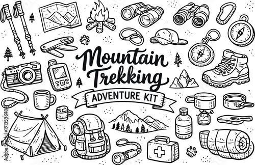 Mountain trekking adventure kit, hand drawn doodle elements set, center hand-lettered title, black & white vector line art, bold
