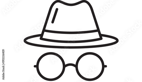 Spy icon with fedora hat and round glasses, simple black line silhouette on white background, anonymous detective disguise symbol for privacy and incognito mode