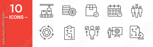 Operations management icon set, operations management vector symbol in black filled and outlined style.