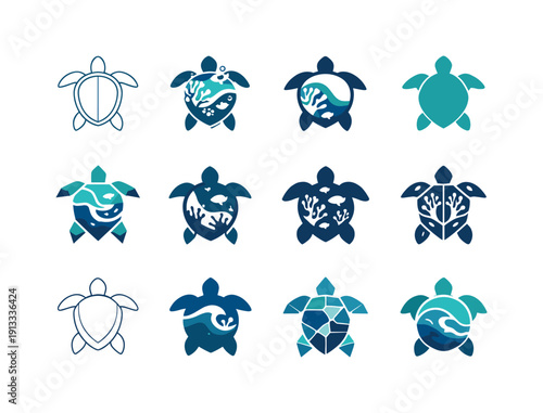 Ocean biodiversity. Icon set. Set Logo of Ocean biodiversity: sea turtle. harmonious logo variations of the same emblematic concept, each