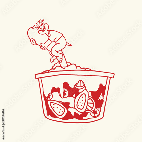 Hand drawn ice cream and a pig cartoon illustration