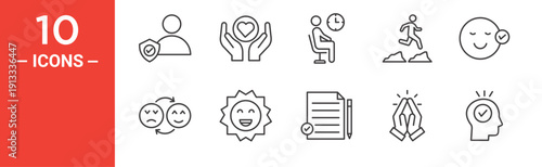 Positive thinking icon set, positive thinking vector symbol in black filled and outlined style.