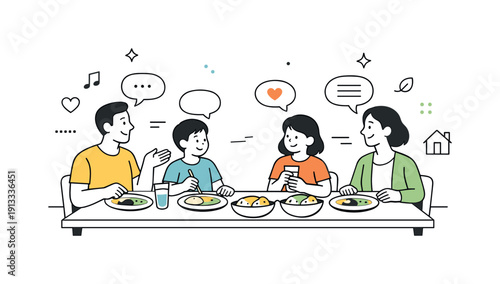 Shared meals as family ritual. A family sitting at a table eating together, relaxed conversation and attentive listening suggested by simple