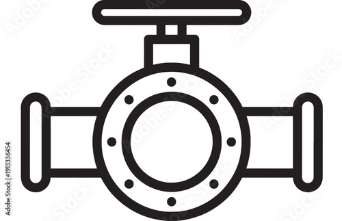 Valve icon illustration showing industrial pipe control with wheel handle and flanged fittings, simple black outline symbol isolated on white background for UI and signage