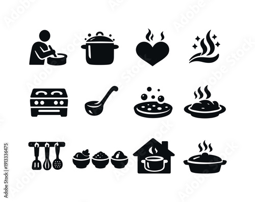Comfort food cooking. Solid icon set of comfort food cooking: person stirring food, curry pot, steam heart, spice aroma, home stove, ladle
