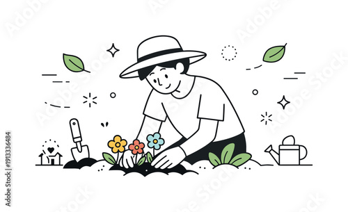 Gardening at home. A person gently planting flowers in a small garden, hands in the soil and calm focus on growth. Peaceful outdoor mood with