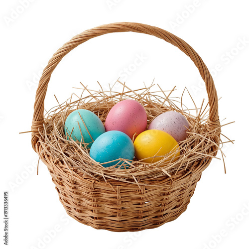 Colorful Eggs in a Basket on Straw for Seasonal Celebration