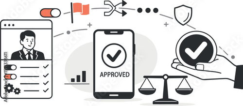 Minimal Onboarding Scene. Modern minimal flat vector conceptual collage, crisp hard edges, consistent THIN outline stroke, rounded