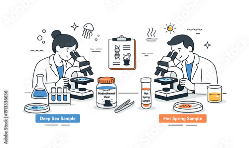Studying extremophiles. A calm lab scene with microscopes and samples labeled from deep sea or hot springs, showing focused biological