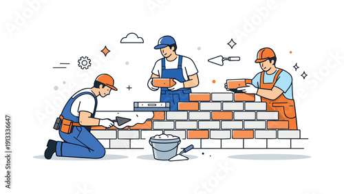 Bricklayers constructing buildings. Bricklayers carefully placing bricks and spreading mortar on a rising wall. The scene conveys skill,