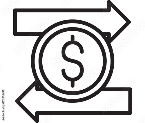 Currency exchange icon with dollar coin and two directional arrows, black outline vector symbol for money transfer, forex trading, banking, and financial conversion