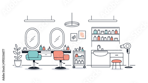 Modern Salon Interior. Contemporary salon interior. Wide view with linear and circular light fixtures highlighting mirrors and shelves. Feeling of cleanliness,
