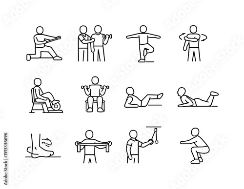 Rehab Exercise Icons. Rehab Exercises. Line icon set of Rehab Exercises: resistance stretching, guided lifting, balance pose, body rotation, foot pedal