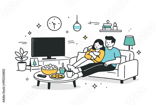 Relaxed holiday binge watching. A calm living room with a TV, snacks on a small table, and people enjoying a long movie session. The scene