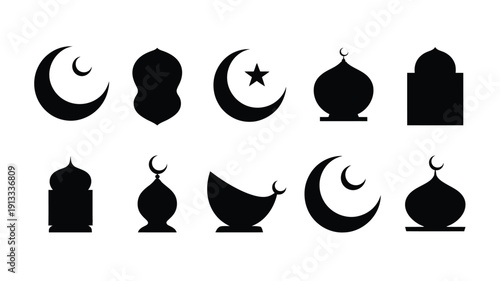 Islamic ramadan clipart bundle featuring black silhouettes of crescent moons stars mosques and domes on white background for cultural and religious designs