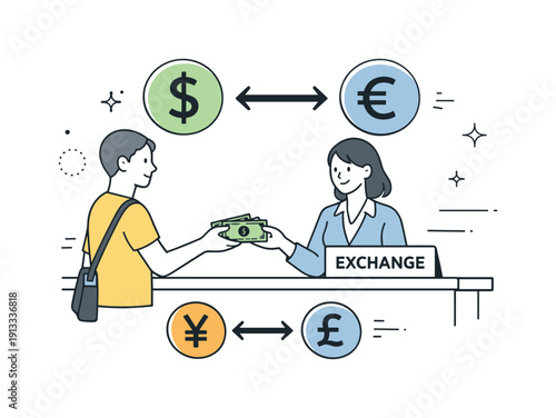 Currency exchange service. A person exchanging banknotes at a counter, clear currency symbols and arrows showing conversion, calm and