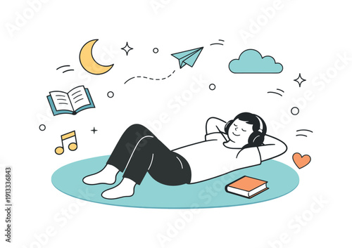Rest and recharge. A person lying on a rug with headphones or a book, gentle decorative elements floating to show relaxation and freedom from
