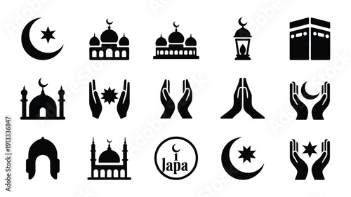 Ramadan kareem islamic silhouette icons bundle black symbols mosque crescent moon praying hands lantern kaaba islamic architecture elements on white background