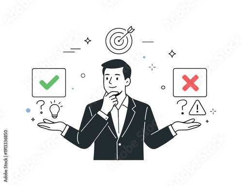 Decision making leadership. A leader confidently choosing between options displayed as simple cards. Clarity and responsibility with balanced