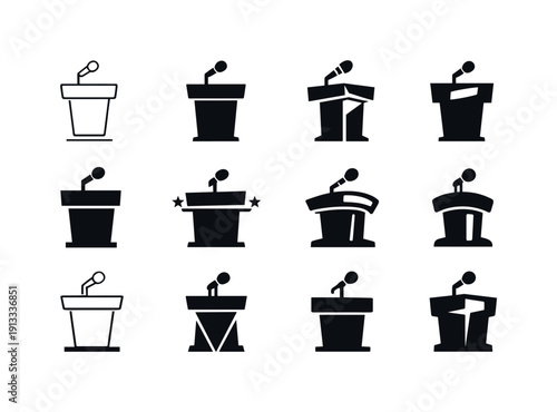 Political speeches. Icon set. Set Logo of Political speeches: podium with microphone. harmonious logo variations of the same emblematic