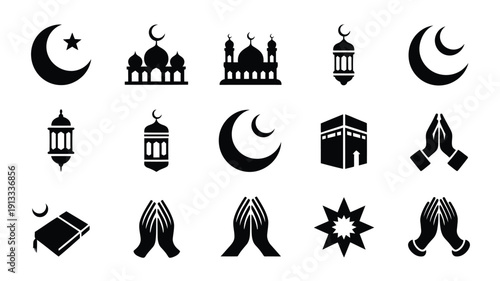 Ramadan icons set including mosque crescent moon star lantern praying hands and quran on white background
