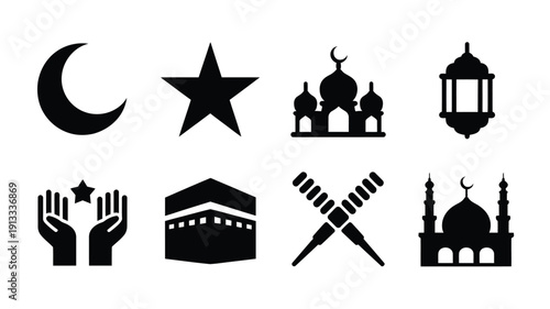 Islamic symbols and mosque icons set including crescent moon star lantern hands kaaba and prayer beads on white background for ramadan and eid celebrations