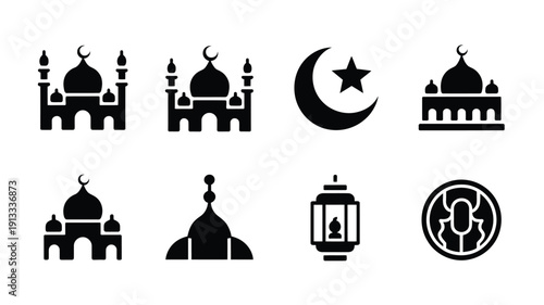 Black silhouette islamic icons set including mosques crescent moon star lantern and prayer hands on white background for ramadan or eid celebrations