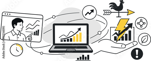 Modern minimal flat vector conceptual collage, crisp hard edges, consistent THIN outline stroke, rounded corners where needed,