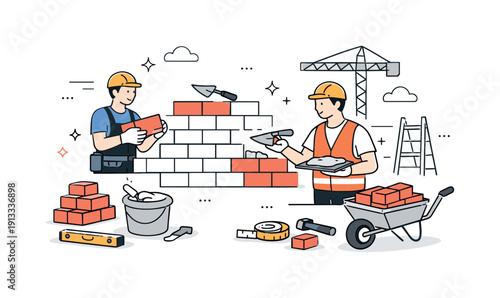 Bricklayers constructing buildings. A construction site scene with tools, bricks, and a rising wall in the background. The atmosphere feels