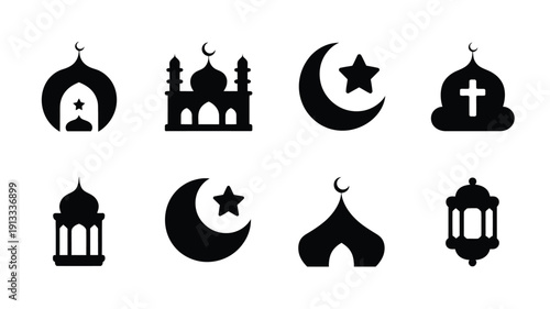 Black silhouette religious icon collection featuring mosque crescent moon star and cross symbols on white background
