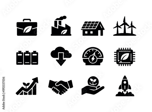 Clean Tech Business. Solid icon set of Clean Tech Business: eco briefcase, green factory, solar roof, wind farm, battery storage, carbon