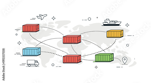 Global shipping concept. Shipping containers connected by thin lines across a simplified map-like space, symbolizing international logistics