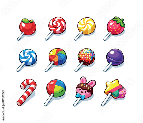 Sweet Lollipops. Colorful isometric vector icons set of Sweet Lollipops: fruit flavor lollipop, cherry swirl pop, lemon candy