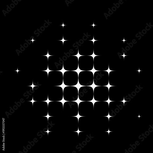 White star halftone pattern. Abstract burst of glowing sparkle shapes on black background. Retro dotted star cluster design for comics, pop art, or decorative effects. Vector illustration.