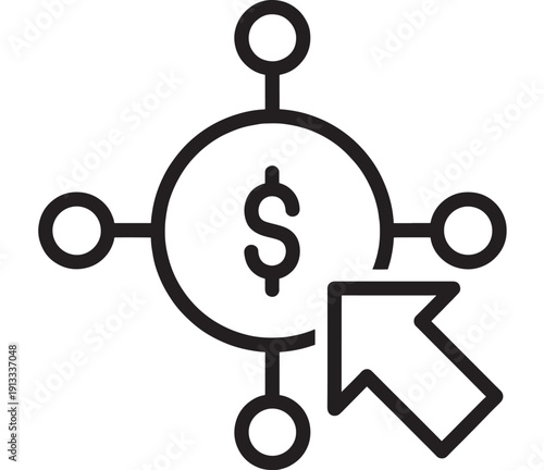 Financial network icon with dollar symbol and cursor pointer, representing online payments, digital banking, fintech integration, and transaction hubs on white