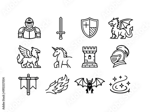 Fantasy Knights Icons. Fantasy knights and mythical creatures. Line icon set of Fantasy knights and mythical creatures: armored knight, knight sword, knight