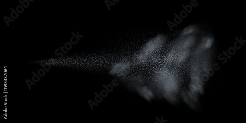 Spray splatter texture background. White droplets spreading outward into dispersed dots with smoke cloud on black backdrop. Dynamic aerosol flow. Minimal vector illustration with monochrome style.