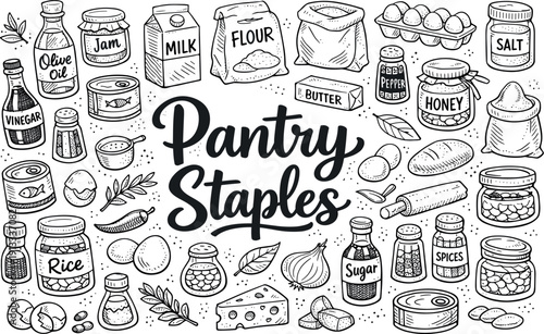 Home cooking pantry staples, hand drawn doodle elements set, center hand-lettered title, black & white vector line art, bold