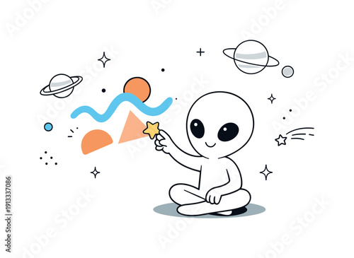 Extraterrestrial art concept. A friendly alien figure creating abstract shapes in space, surrounded by stars and distant planets. Calm,