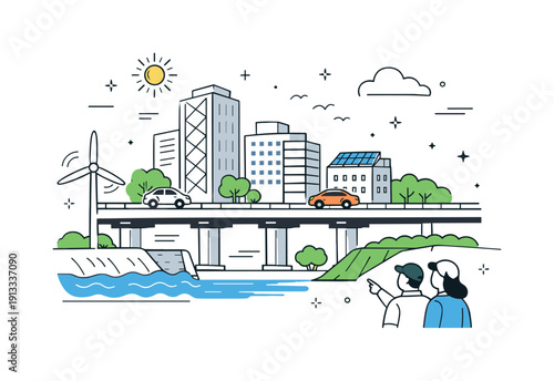 Climate-resilient infrastructure. A modern city scene with reinforced buildings, elevated roads, and green barriers designed to withstand