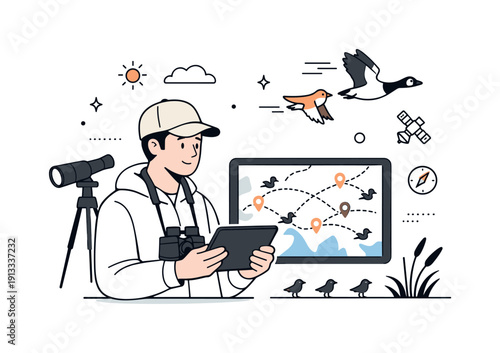 Bird Migration Study. Bird migration tracking. Researcher observing birds while checking a tablet with a map and flight paths. Calm scientific focus and