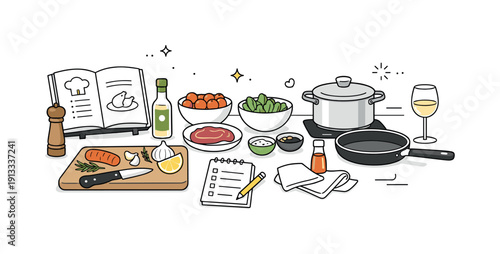 Minimalist Kitchen Scene. Special occasion dinner preparation. A calm kitchen scene with ingredients, recipes, and cookware laid out neatly. Thoughtful